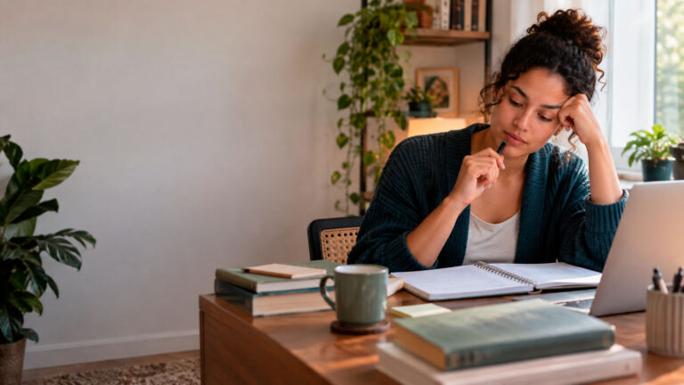Pessoa estudando em uma mesa, fazendo uma pausa para lidar com a ansiedade e retomar a concentração.